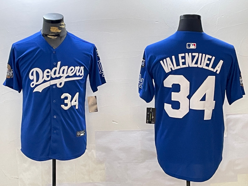 Men Los Angeles Dodgers 34 Valenzuela 2024 World series patch blue jersey 20241120121